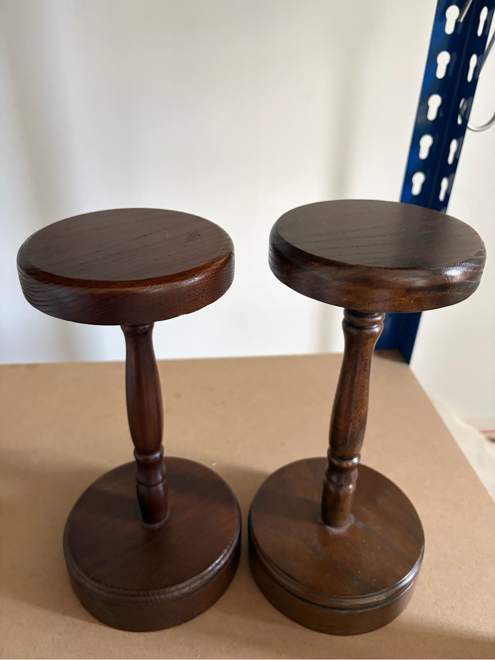 Pair of Dark Wood Hat Pedestal Stands - Round Display Stools